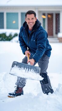 Cheerful homeowner shoveling snow from residential walkway, winter home maintenance, active lifestyle plus responsible property care