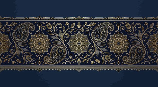 Sophisticated golden mandala and paisley border design on a dark navy blue background, ornate traditional indian art style for luxury invitations and decorative frames