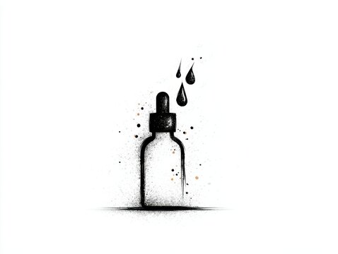 Minimalist black ink illustration of dropper bottle with liquid serum drops isolated on white background for beauty concept