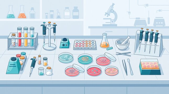 Cultivated meat research setup with petri dishes, test tubes and cellular cultures, representing laboratory food science, alternative protein and biotechnology innovation.