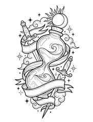 Fototapeta premium Hourglass Magic Potion Bottle with Sun Moon Swords Clouds Stars and Blank Banner Coloring Page