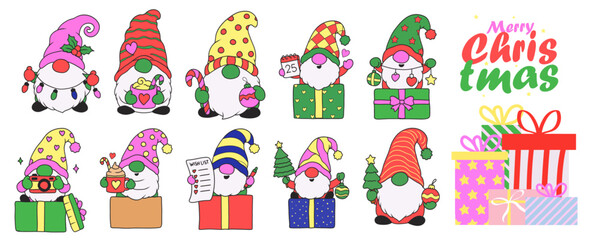 Fototapeta premium Merry Christmas Card set with gnome and Holiday Ornaments, Xmas templates for greeting cards, posters, social media, seasonal branding, children's products. Playful Christmas hand-drawn style.