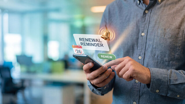 Subscription renewal reminder concept. Man using smartphone with renewal reminder notification, calendar deadline, bell and renew button for policy and subscription renewal management
