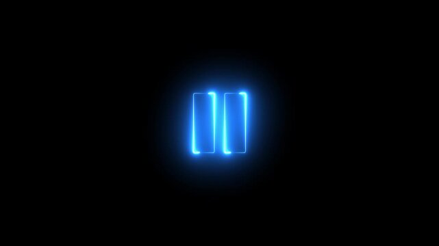 Neon pause button sign icon animation glowing blue color player pause circle stop music video and audio media control sign symbol on black background