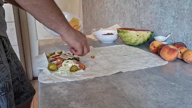Preparing a simple meal with fresh ingredients in a kitchen setting