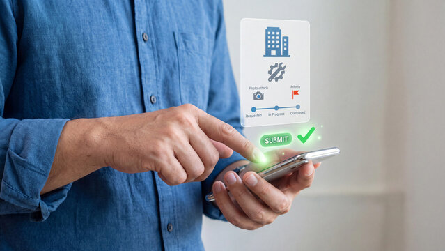 Property maintenance request and work order concept. Man using smartphone app to submit building repair request with photo, priority and status tracking for facility and property management