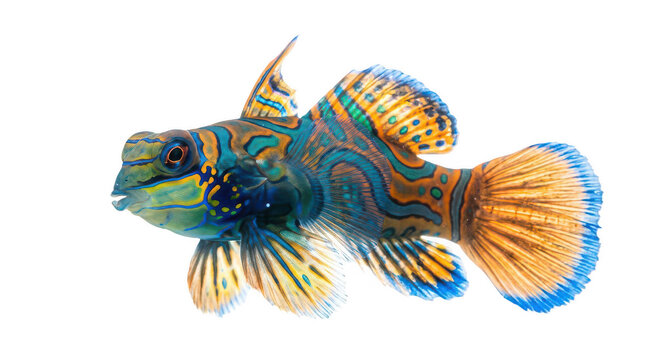 Vibrant Mandarin Dragonet fish on white background, colorful psychedelic Synchiropus splendidus, exotic tropical saltwater aquarium fish