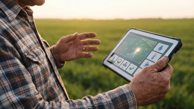 Smart irrigation and water management concept. Farmer using tablet with field map, soil moisture, valve and water controls in field for precision agriculture and smart farming technology