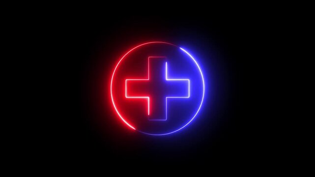 Neon plus sign icon animation glowing red and blue color neon sign positive mathematic accountancy calculating icon sign symbol on black background	