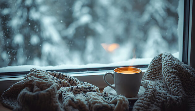 Cozy warm cup of coffee on a windowsill with knitted blanket and snowy forest view outside coffee mug winter window hot drink cozy interior winter morning window sill cold outside cozy home