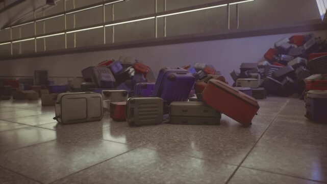 sunlit heap of suitcases in terminal near large windows, warm light casting long highlights on tile floor, varied luggage shapes and colors piled into messy