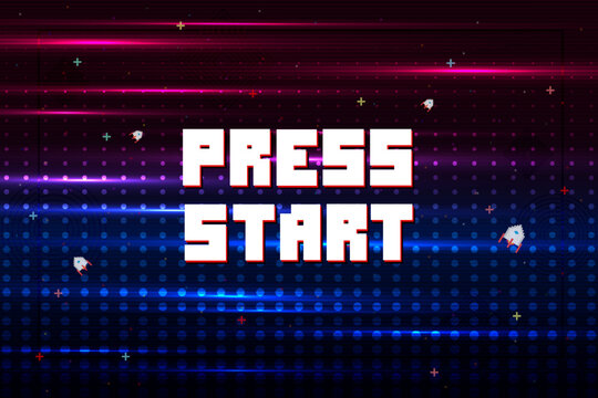 Press Start. 8-bit pixel art, retro futuristic sci-fi background, glowing neon grid and stars from vintage arcade computer games.