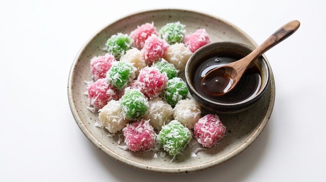 Indonesian kue cenil, colorful pink green white tapioca cakes coated in grated coconut on ceramic plate with liquid palm sugar syrup bowl and wooden spoon, isolated on white background.