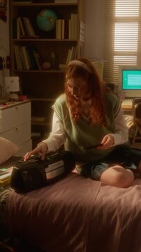 Vertical of Caucasian teenager inserting cassette tape into retro boombox on bed, smiling at camera and dancing. Clip is perfect for nostalgia marketing or music apps