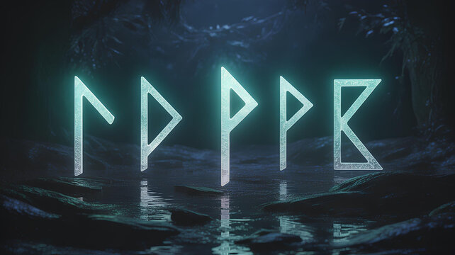 Mystical glowing runes casting an ethereal light in a dark, atmospheric forest setting.