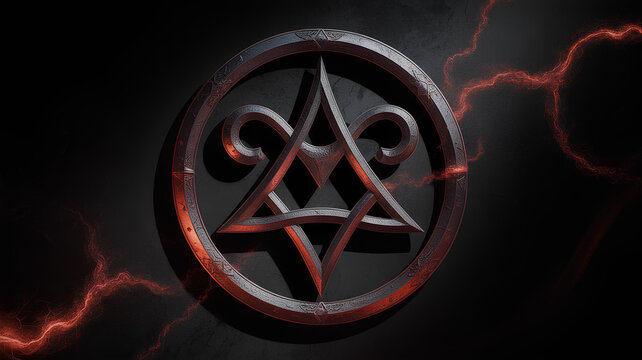 A dark, ominous symbol resembling a stylized compass rose or occult sigil, set against a backdrop of crackling red lightning and a textured dark surface.