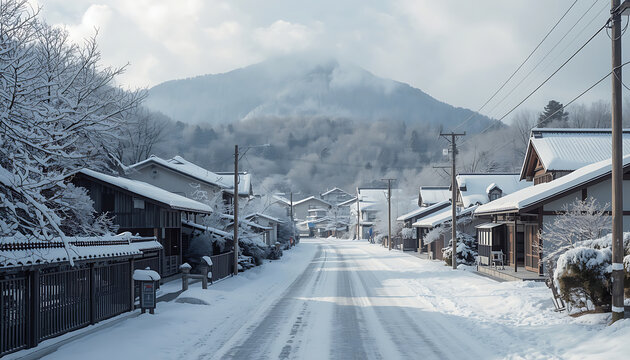 Snow-covered village street between traditional houses leading toward a snowy mountain peak with winter landscape alpine town snowy road winter scenery cold weather mountain architecture