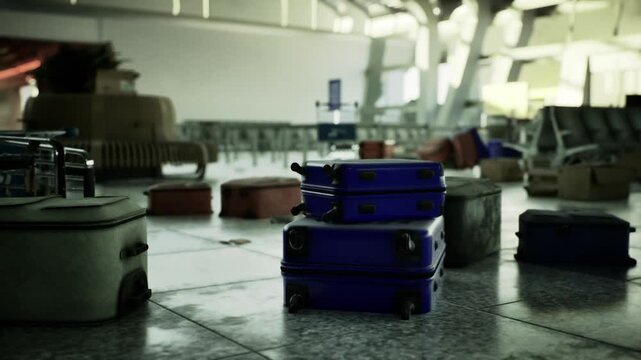 Unattended blue suitcase near checkpoint, cold fluorescent lighting and empty counters, palpable security tension with implied cordon and alarm potential,