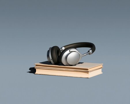 Over-ear headphones resting on a weathered paperback book with blank covers, featuring a matte finish and soft light for audiobook mockups with copy space