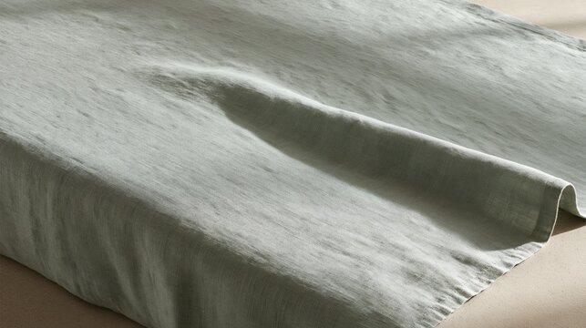 Grey-green linen fabric with a soft fold and slubbed weave, featuring a tactile matte texture and muted tones for a background or mockup