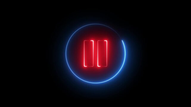 Neon pause button sign icon animation glowing red and blue color player pause circle stop music video and audio media control sign symbol on black background