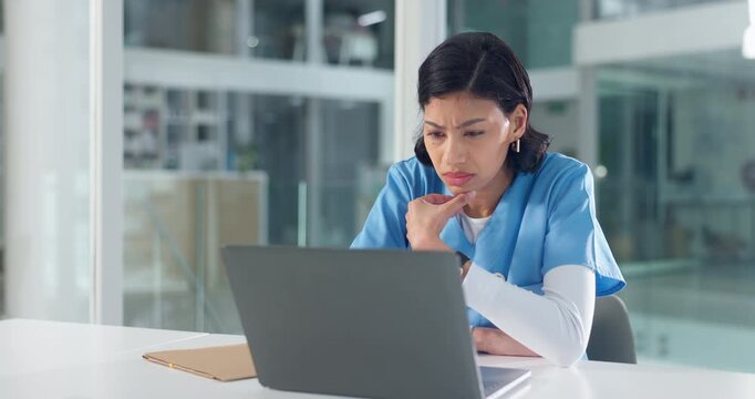 Thinking, nurse and woman with laptop for healthcare planning, typing email or confused in clinic. Computer, problem solving and person with medical error, reading records or unsure with doubt
