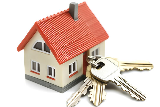 Miniature house model with keys representing real estate ownership