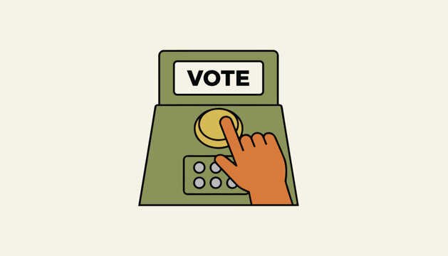 Flat vector illustration of a hand pressing a yellow button on an electronic voting machine with a vote screen.