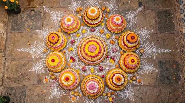 Bathukamma Telangana Flower Festival with Colorful Floral Stacks and Diyas