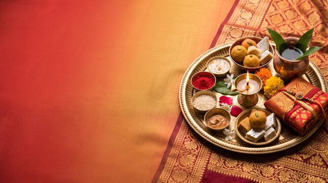 Bhai Dooj Festival Banner with Traditional Thali, Tilak, Sweets, Diya and Gift Copy Space