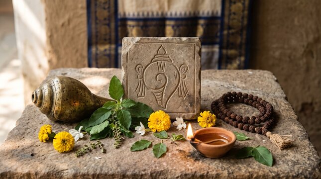 Rama Ekadashi Vishnu Devotional Still Life with Tulsi, Conch Shell, Prayer Beads and Diya