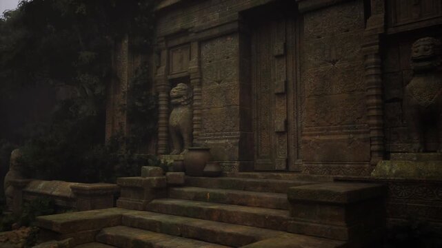 stone guardian flanks worn mossy staircase, textured carvings eroded by time, restoration team assessing damage and documenting conservation needs under dim