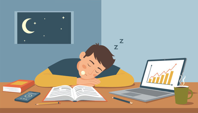 Exhausted student sleeping on a study desk over open books next to a laptop displaying financial growth charts.
