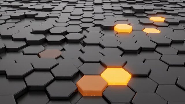 Abstract 3D background with dark gray and glowing orange hexagonal tiles in a futuristic pattern