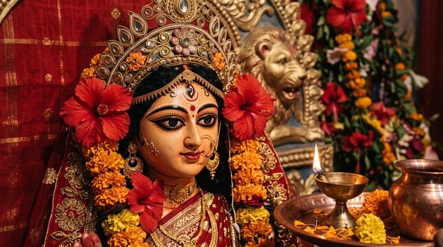 Jagaddhatri Puja Goddess Idol Close Up with Hibiscus, Marigold Flowers and Brass Diya