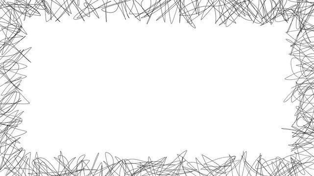 Looped abstract black hand-drawn scribble line border frame animation on white background, perfect for video overlays, photo frames, title cards, social media reels, and creative intro designs.