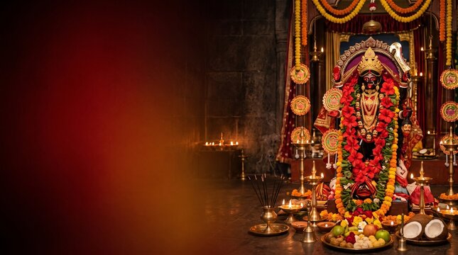Kali Puja Festival Banner with Goddess Kali, Red Hibiscus Flowers, Diyas and Bengali Copy Space