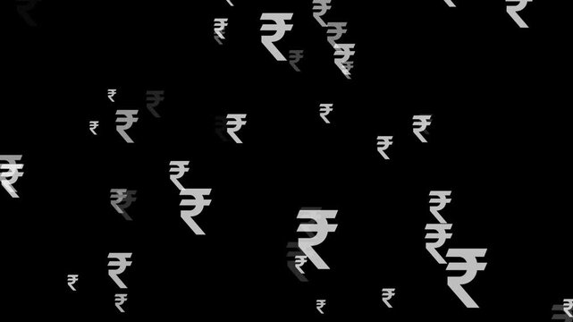 Animation of the Indian rupee currency symbol, rupees passing by in increasing numbers, black background, 4K video.