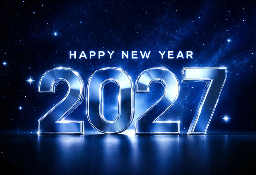 Futuristic happy new year 2027 celebration with shiny metallic numbers and stars in space theme