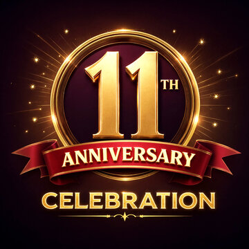 Golden elegant eleventh anniversary celebration design with glittering effects and ribbon banner