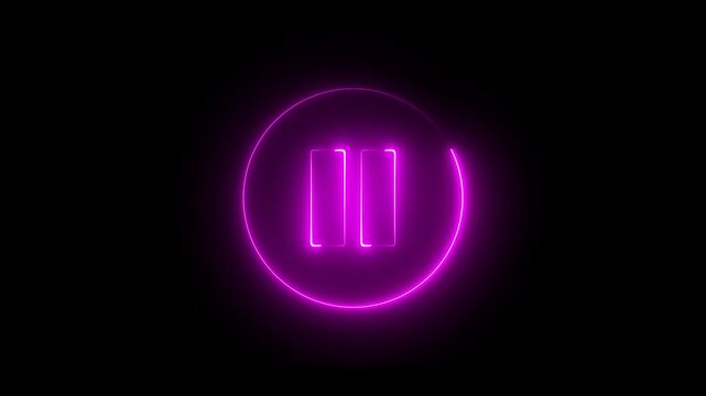 Neon pause button sign icon animation glowing pink color player pause circle stop music video and audio media control sign symbol on black background