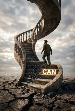 Person ascending a spiral stone staircase with glowing CAN letters