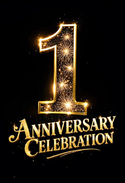 Golden glittery number one with fireworks for anniversary celebration event design template