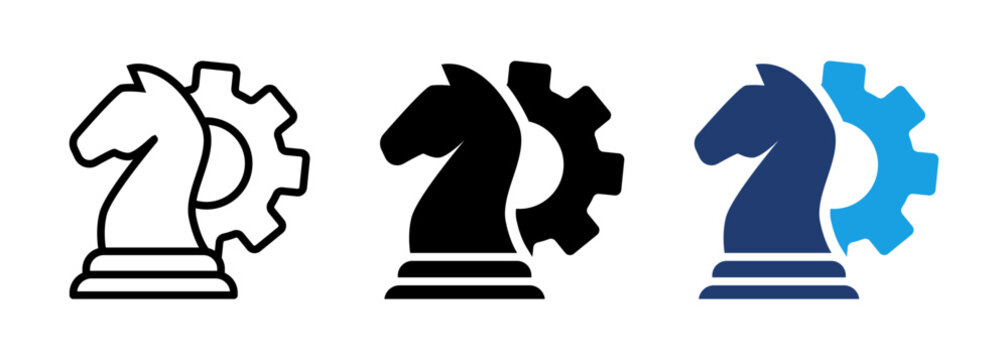 Management strategy icon. Chess knight and cog representing Business strategy, planning, leadership, management. Vector and transparent PNG