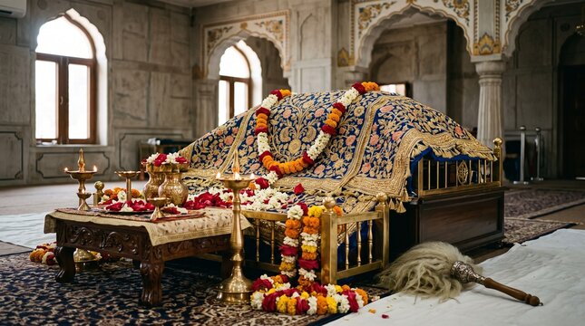 Guru Nanak Jayanti Sikh Festival with Sacred Gurdwara Decor, Flowers and Traditional Rumala Cloth