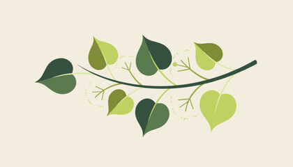 Obraz premium Single botanical branch of heart-shaped green leaves in a minimalist vector illustration on a beige background.