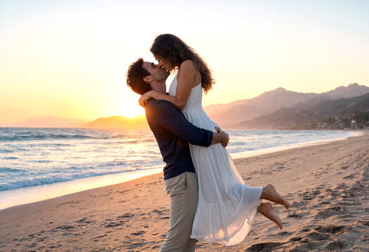 Romantic couple embracing on a beautiful beach during a stunning sunset with ocean waves crashing