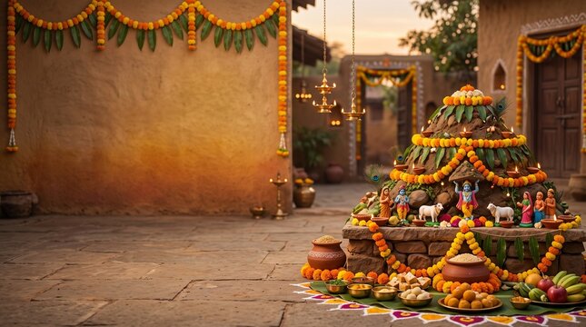 Govardhan Puja Festival Banner with Govardhan Hill, Krishna Decor, Diyas and Copy Space