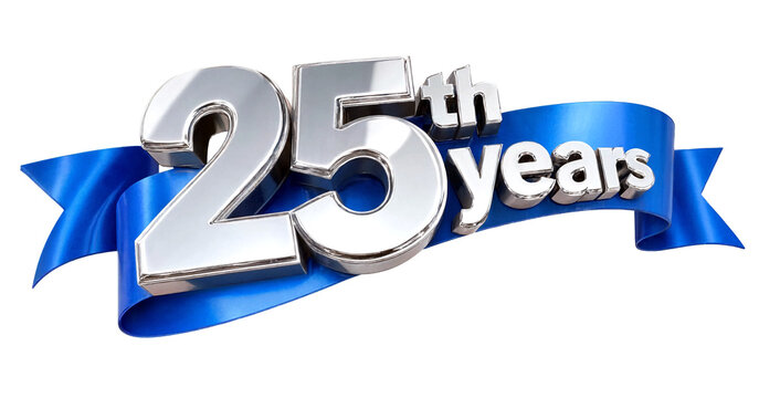 Shiny silver twenty fifth anniversary celebration with blue ribbon banner design isolated illustration