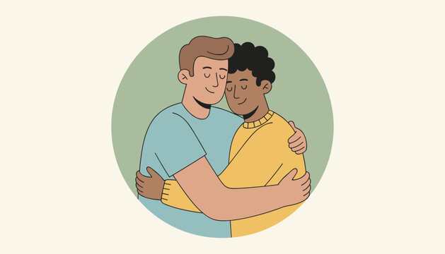 Two diverse men hugging each other lovingly inside a round green frame representing support and connection.